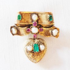 画像1: Sold ゴールド・エメラルド・ルビー・パールブローチ (1)