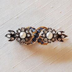 画像1: ゴールド・シルバー・ナチュラルパール・ダイヤモンド・サファイアブローチ (1)