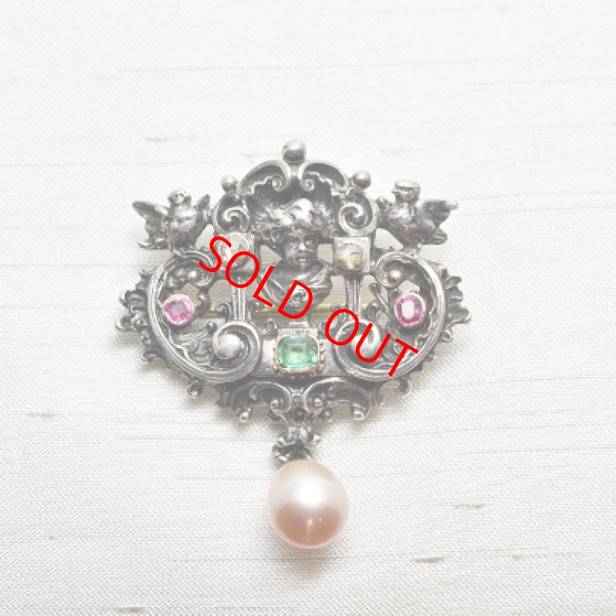 画像1: sold シルバー・エメラルド ルビー ダイヤ パール ブローチ (1)