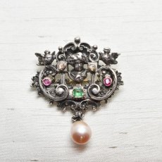 画像1: sold シルバー・エメラルド ルビー ダイヤ パール ブローチ (1)