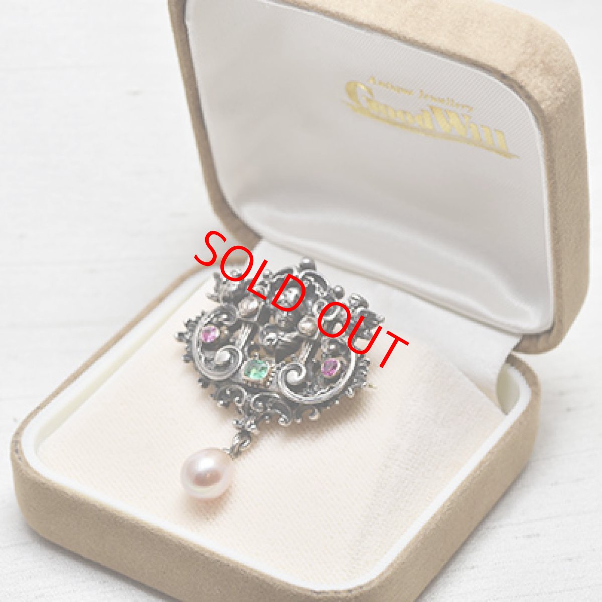 画像4: sold シルバー・エメラルド ルビー ダイヤ パール ブローチ (4)