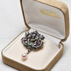 画像4: sold シルバー・エメラルド ルビー ダイヤ パール ブローチ (4)