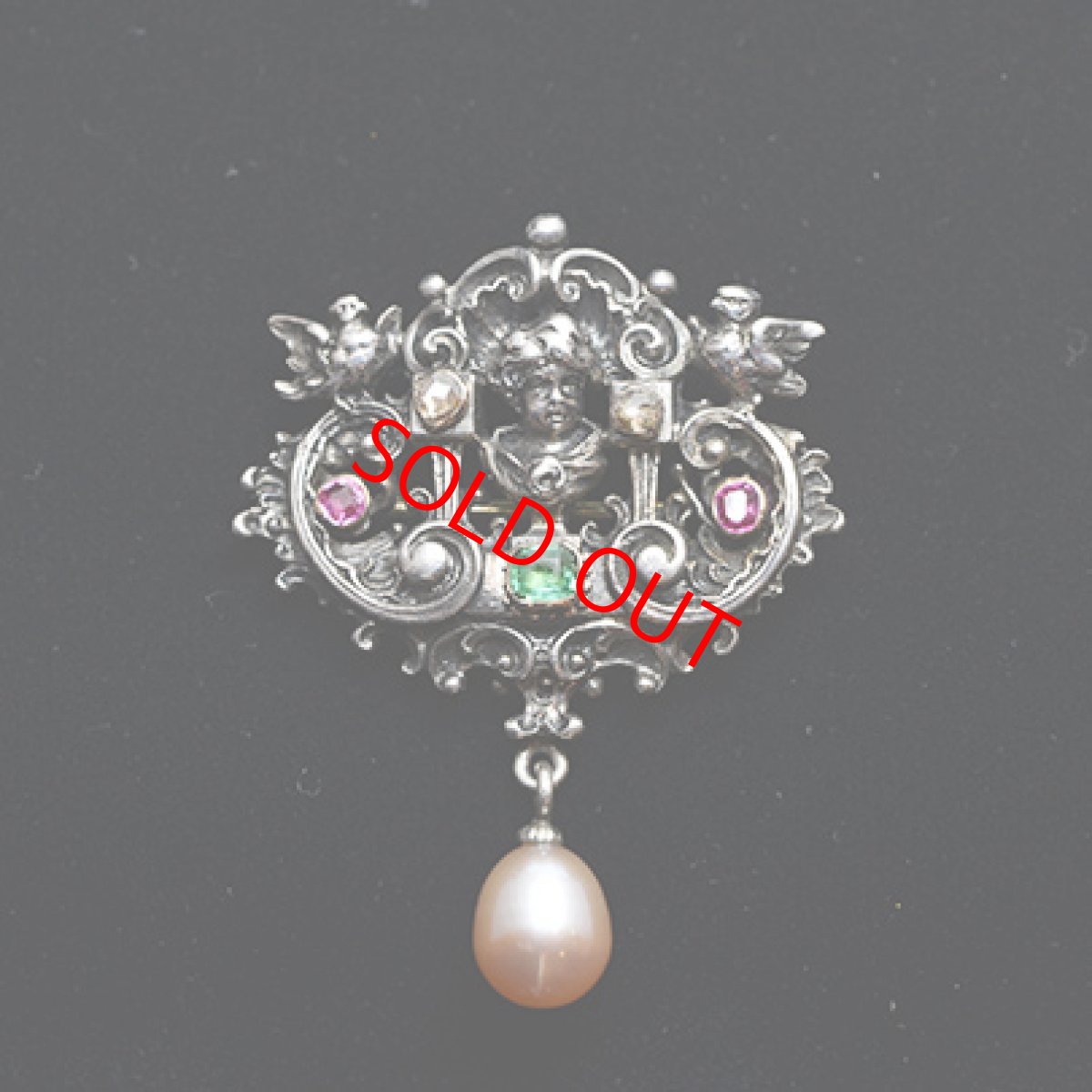 画像3: sold シルバー・エメラルド ルビー ダイヤ パール ブローチ (3)