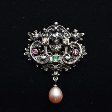画像3: sold シルバー・エメラルド ルビー ダイヤ パール ブローチ (3)