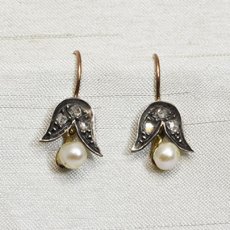 画像1: Sold ゴールド・シルバー・ダイヤモンド・ナチュラルパールイヤリング (1)